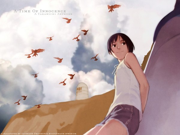 Anime picture 1024x768 with takamichi short hair black hair looking away sky light smile inscription hands behind back girl animal shorts bird (birds) building (buildings)