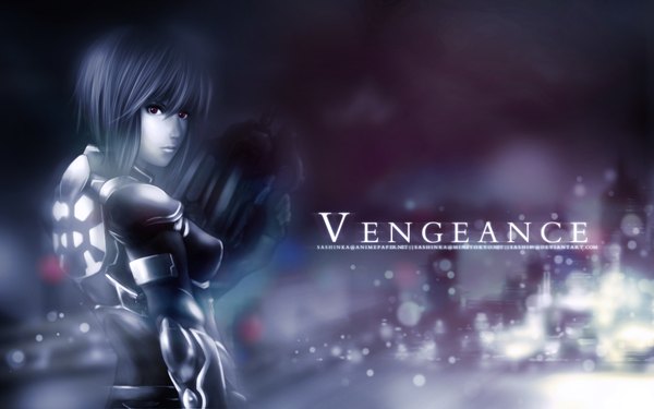 Anime picture 1920x1200 with ghost in the shell production i.g kusanagi motoko single highres short hair wide image pink eyes looking back lips grey hair inscription city light cityscape girl weapon gun assault rifle