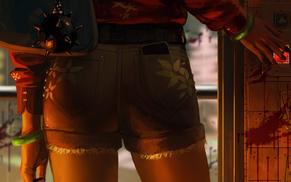 Anime picture 3368x2105 with original guweiz single highres light erotic standing absurdres long sleeves nail polish from behind realistic close-up head out of frame blood stains girl weapon shorts bracelet short shorts blood