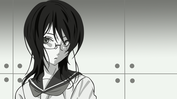 Anime-Bild 1920x1083 mit sayonara zetsubou sensei shaft (studio) fujiyoshi harumi single looking at viewer highres black hair wide image upper body monochrome vector derivative work girl uniform school uniform glasses