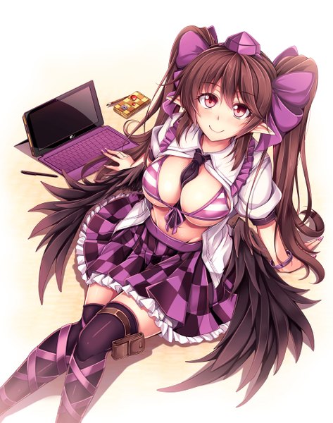 Anime picture 1000x1269 with touhou himekaidou hatate windart single long hair tall image breasts light erotic smile red eyes brown hair twintails pointy ears open clothes open shirt checkered skirt girl thighhighs skirt bow
