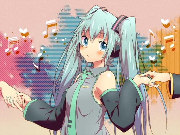 Anime picture 1200x900 with vocaloid hatsune miku purasu no konbu single long hair looking at viewer blush fringe smile twintails bare shoulders nail polish aqua eyes aqua hair holding hands aqua nail polish girl detached sleeves necktie headphones