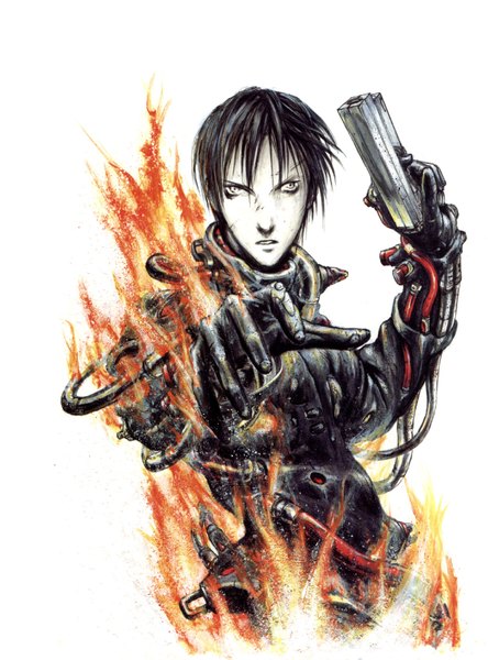 Anime picture 1277x1726 with blame! killy nihei tsutomu single tall image short hair black hair simple background white background boy weapon gun fire
