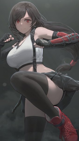 Anime picture 2830x5009 with final fantasy final fantasy vii final fantasy vii remake square enix tifa lockhart free style (yohan1754) single long hair tall image looking at viewer blush fringe highres breasts light erotic black hair simple background smile hair between eyes red eyes