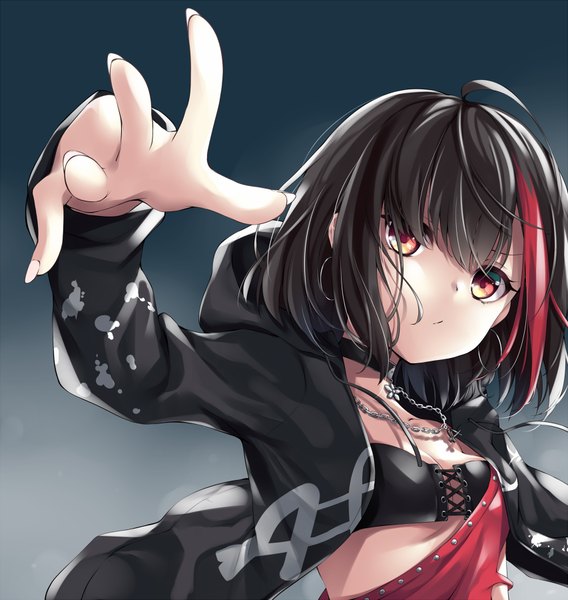 Anime picture 853x900 with bang dream! mitake ran chiyonekoko single tall image looking at viewer fringe short hair light erotic black hair simple background hair between eyes red eyes cleavage ahoge upper body multicolored hair fingernails open jacket two-tone hair