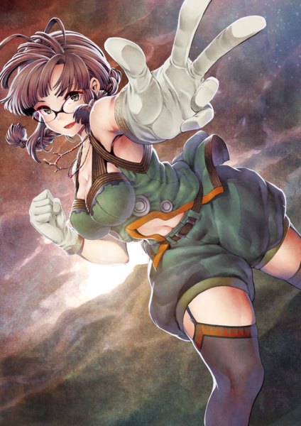 Anime picture 868x1227 with idolmaster idolmaster (classic) akizuki ritsuko chiaki rakutarou single long hair tall image looking at viewer breasts brown hair large breasts cleavage braid (braids) grey eyes twin braids evening sunset outstretched hand scenic girl