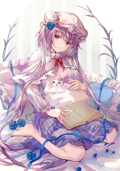 Anime picture 1200x1697 with touhou patchouli knowledge kita (kitairoha) single tall image looking at viewer short hair sitting purple eyes purple hair indoors barefoot hair flower light smile bare legs girl flower (flowers) hat animal pillow