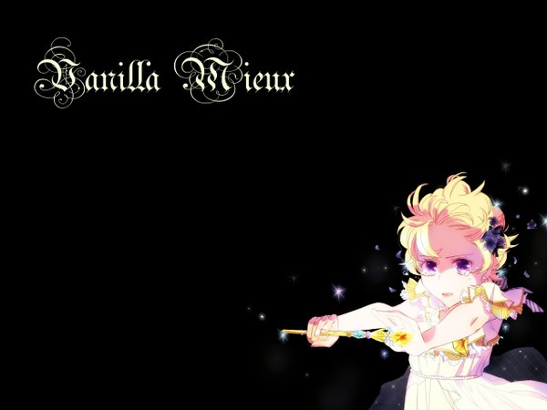 Anime picture 1280x960 with sugar sugar rune studio pierrot vanilla mieux amattle short hair simple background blonde hair purple eyes hair flower inscription tears girl dress hair ornament petals necklace crystal wand