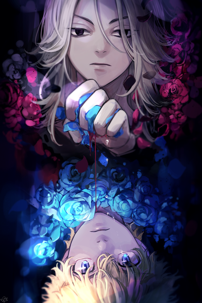 Anime picture 4200x6300 with tokyo revengers sano manjirou hanagaki takemichi pizza oisii6 tall image looking at viewer fringe highres short hair blue eyes blonde hair hair between eyes absurdres black eyes multiple boys expressionless upside down boy flower (flowers) petals
