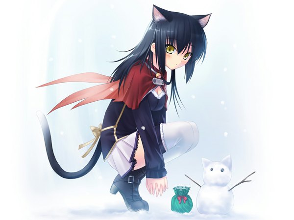 Anime picture 1152x864 with animal ears full body tail cat girl girl thighhighs boots