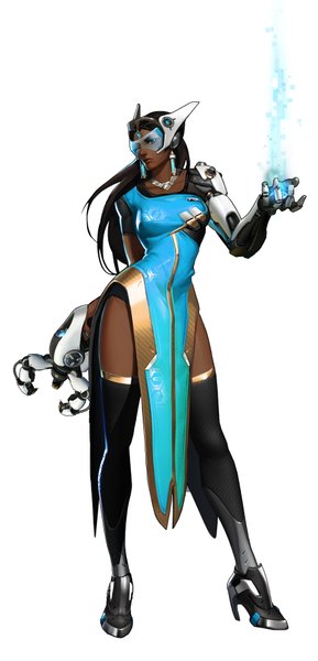 Anime picture 900x1864 with overwatch blizzard entertainment symmetra (overwatch) satya vaswani (overwatch) tagme (artist) single long hair tall image looking at viewer black hair simple background white background lips black eyes dark skin magic girl thighhighs dress black thighhighs