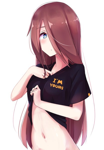 Anime picture 1100x1585 with original angry num single long hair tall image looking at viewer blush fringe blue eyes light erotic simple background brown hair white background hair over one eye inscription bare belly hand on chest clothes writing girl t-shirt