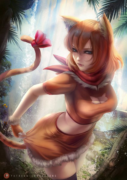 Anime picture 3532x5000 with original axsen single tall image looking at viewer fringe highres short hair breasts blue eyes light erotic hair between eyes large breasts standing animal ears absurdres cleavage outdoors tail animal tail