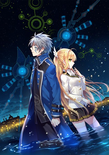 Anime picture 980x1400 with full blade ignition norn origen soludo nardack long hair tall image blush short hair blue eyes blonde hair standing green eyes looking away sky outdoors grey hair night official art tattoo night sky
