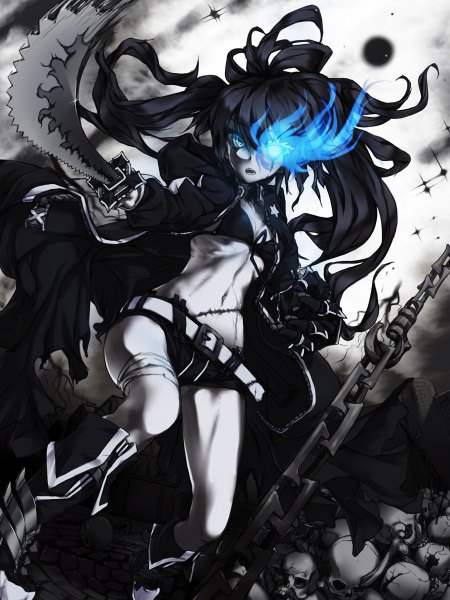 Anime picture 900x1200 with black rock shooter black rock shooter (character) coracola single long hair tall image fringe open mouth blue eyes black hair twintails bare belly outstretched arm glowing scar glowing eye (eyes) skull and crossbones girl navel weapon