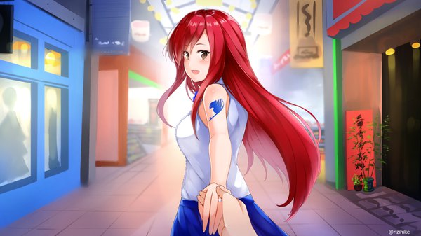 Anime picture 1920x1080 with fairy tail erza scarlet rizihike long hair looking at viewer blush fringe highres open mouth smile wide image brown eyes signed outdoors red hair :d tattoo sleeveless twitter username outstretched arm
