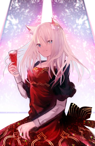 Anime picture 1156x1771 with original tarbo (exxxpiation) single long hair tall image looking at viewer fringe blue eyes simple background standing holding animal ears white hair long sleeves cat ears hair over one eye fang (fangs) girl dress red dress