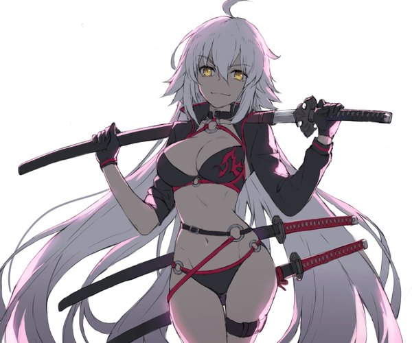 Anime picture 1485x1238 with fate (series) fate/grand order jeanne d'arc (fate) (all) jeanne d'arc alter (fate) jeanne d'arc alter (swimsuit berserker) (fate) tonee single long hair looking at viewer fringe breasts light erotic simple background smile hair between eyes standing white background holding yellow eyes payot