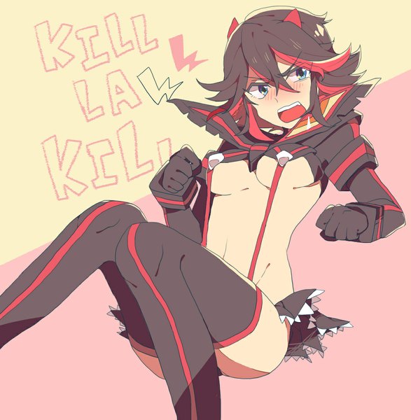 Anime picture 986x1008 with kill la kill studio trigger matoi ryuuko alice-whiteberry single tall image blush short hair breasts open mouth blue eyes light erotic black hair simple background looking away multicolored hair two-tone hair midriff streaked hair underboob