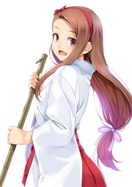 Anime picture 827x1169 with idolmaster minase iori miri (ago550421) single long hair tall image looking at viewer open mouth simple background brown hair white background signed traditional clothes japanese clothes pink eyes low ponytail miko girl ribbon (ribbons) hair ribbon
