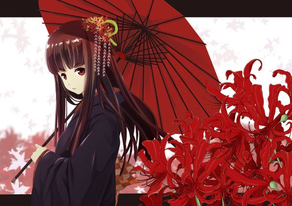 Anime picture 1200x848 with original mayumi (tsunkatsu) single long hair looking at viewer open mouth brown hair brown eyes traditional clothes japanese clothes sunlight alternate hairstyle girl hair ornament flower (flowers) bow kimono leaf (leaves) umbrella autumn leaves