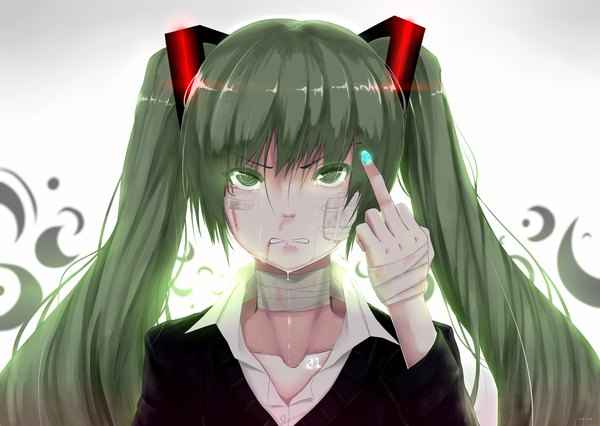 Anime picture 2250x1600 with vocaloid rolling girl (vocaloid) hatsune miku hews single long hair looking at viewer highres twintails green eyes nail polish green hair crying middle finger girl shirt bandage (bandages)