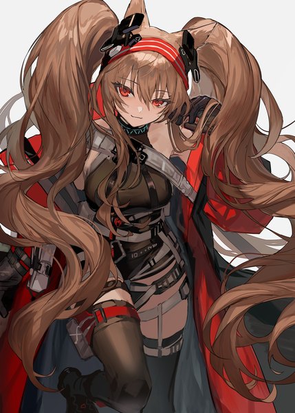 Anime picture 1288x1800 with arknights angelina (arknights) angelina (distinguished visitor) (arknights) lowro (en) single tall image looking at viewer fringe simple background smile hair between eyes red eyes brown hair twintails animal ears very long hair official alternate costume adjusting hair girl thighhighs