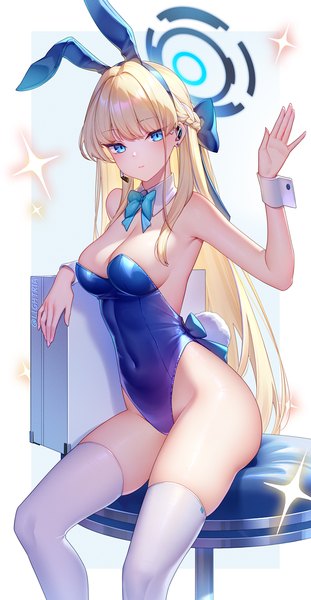 Anime picture 1012x1955 with blue archive toki (blue archive) toki (bunny) (blue archive) lightria single long hair tall image looking at viewer breasts blue eyes light erotic blonde hair large breasts sitting animal ears tail animal tail arm up bunny ears official alternate costume