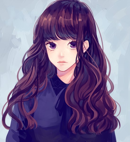 Anime picture 1100x1200 with original yuari kim single long hair tall image looking at viewer fringe simple background brown hair purple eyes signed upper body blunt bangs grey background twitter username portrait girl