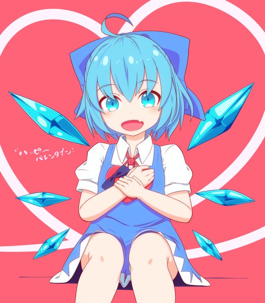 Anime picture 1400x1600 with touhou cirno shikabane homura single tall image looking at viewer fringe short hair open mouth blue eyes simple background smile blue hair ahoge short sleeves fang (fangs) puffy sleeves red background valentine girl