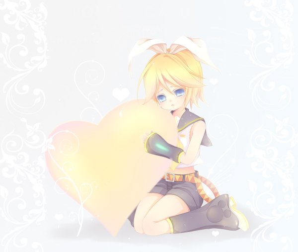 Anime picture 2500x2115 with vocaloid kagamine rin mikazuki sara single highres short hair blue eyes simple background blonde hair white background kneeling girl bow hair bow detached sleeves shorts heart