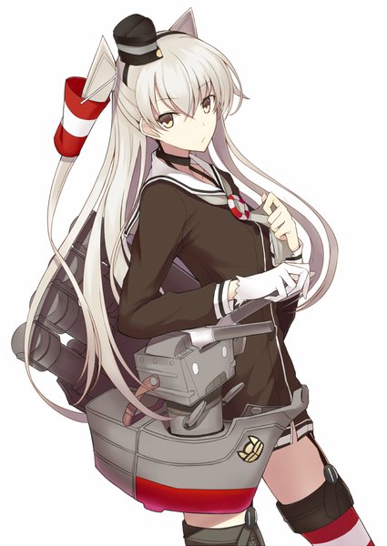 Anime picture 780x1100 with kantai collection amatsukaze destroyer rensouhou-kun kauto single long hair tall image looking at viewer white background yellow eyes white hair two side up girl thighhighs gloves weapon hat hair tubes sailor suit mini hat