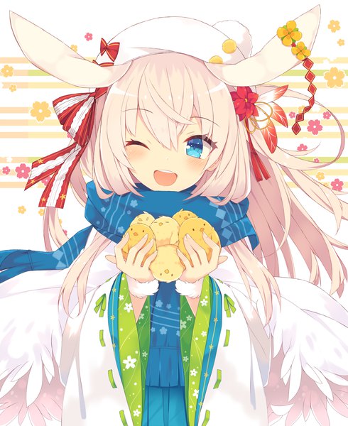 Anime picture 1000x1224 with original nibiiro shizuka single long hair tall image blush open mouth blue eyes simple background blonde hair smile white background holding animal ears looking away traditional clothes :d japanese clothes one eye closed hair flower