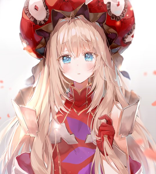 Anime picture 1000x1116 with fate (series) fate/grand order marie antoinette (fate/grand order) b rock single long hair tall image looking at viewer blush fringe open mouth blue eyes simple background hair between eyes standing white background silver hair ahoge upper body holding hair