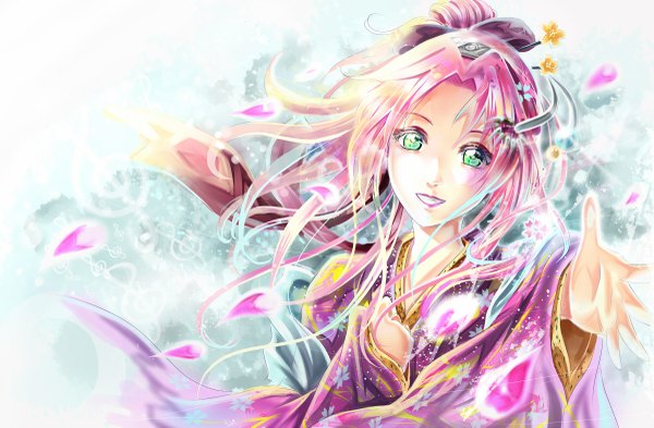 Anime picture 1200x787 with naruto studio pierrot naruto (series) haruno sakura single long hair blush fringe breasts smile green eyes pink hair traditional clothes japanese clothes multicolored hair light smile lips wide sleeves alternate costume grin