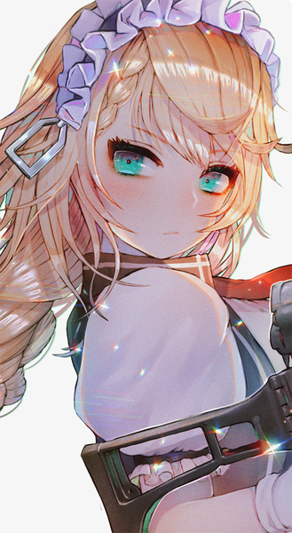 Anime picture 823x1500 with girls frontline g36 (girls frontline) hanato (seonoaiko) single long hair tall image looking at viewer blush fringe blonde hair simple background white background upper body braid (braids) aqua eyes sparkle maid puffy sleeves eyeshadow girl