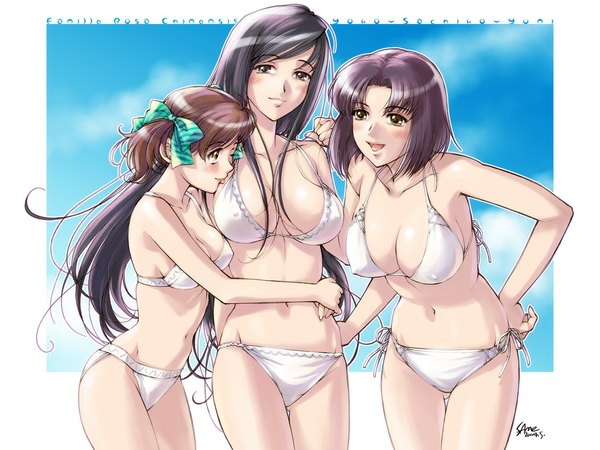 Anime picture 1024x768 with maria-sama ga miteru studio deen fukuzawa yumi ogasawara sachiko mizuno youko same breasts light erotic leaning leaning forward swimsuit bikini side-tie bikini white bikini