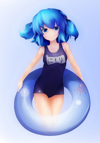 Anime picture 1045x1500 with touhou kawashiro nitori tall image blue eyes smile twintails blue hair girl swimsuit one-piece swimsuit school swimsuit