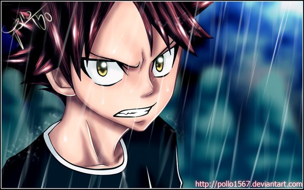 Anime picture 1024x641 with fairy tail natsu dragneel pollo1567 single short hair brown hair wide image yellow eyes grin coloring portrait rain face angry boy