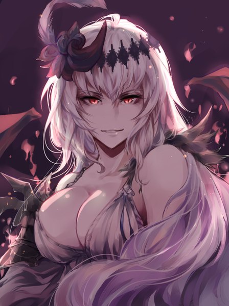 Anime picture 979x1309 with shingeki no bahamut granblue fantasy jeanne d'arc (granblue fantasy) dark jeanne fimyuan single long hair tall image looking at viewer fringe breasts light erotic simple background smile hair between eyes red eyes large breasts bare shoulders cleavage upper body