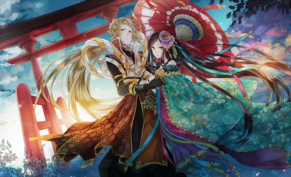 Anime picture 1000x611 with noname long hair looking at viewer blush fringe blonde hair brown hair wide image standing holding brown eyes looking away sky cloud (clouds) very long hair traditional clothes japanese clothes wind wide sleeves morning