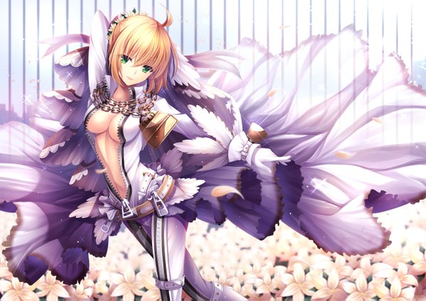 Anime-Bild 1300x919 mit fate (series) fate/extra fate/extra ccc type-moon nero claudius (fate) nero claudius (bride) (fate) toshi (1-147) single looking at viewer short hair light erotic blonde hair green eyes cleavage ahoge hair flower girl gloves hair ornament flower (flowers)