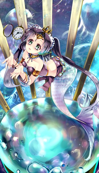 Anime picture 1000x1750 with original kurabayashi single long hair tall image light erotic black hair twintails green eyes girl hair ornament bubble (bubbles) clock pocket watch mermaid