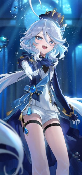 Anime picture 2300x4904 with genshin impact furina (genshin impact) penda (hipanan222) single tall image looking at viewer fringe highres open mouth blue eyes hair between eyes standing silver hair ahoge very long hair :d outstretched hand girl gloves shorts