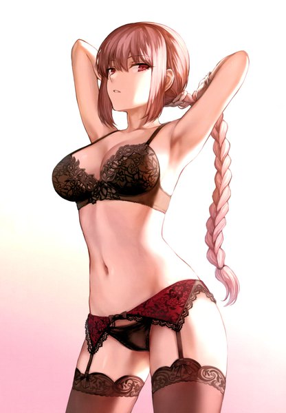 Anime picture 6736x9700 with fate (series) fate/grand order florence nightingale (fate) mashuu (neko no oyashiro) single long hair tall image looking at viewer fringe highres breasts light erotic simple background hair between eyes red eyes standing payot pink hair absurdres cleavage