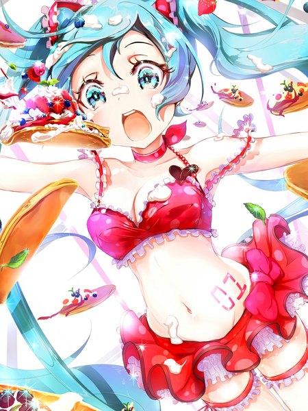 Anime picture 800x1067 with vocaloid hatsune miku keepout single tall image blush open mouth light erotic twintails very long hair aqua eyes aqua hair bare belly tattoo girl navel choker food frills belt