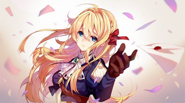 Anime picture 2133x1200 with violet evergarden kyoto animation violet evergarden (character) hyanna-natsu single long hair looking at viewer fringe highres blue eyes blonde hair hair between eyes wide image upper body ahoge wind outstretched hand girl gloves ribbon (ribbons)