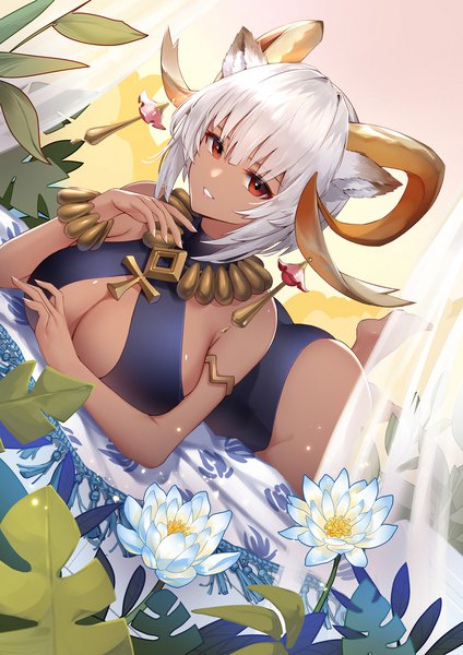 Anime picture 1488x2105 with arknights carnelian (arknights) carnelian (shining dew) (arknights) liu lan single tall image looking at viewer fringe short hair breasts light erotic hair between eyes red eyes large breasts animal ears cleavage ass white hair lying parted lips