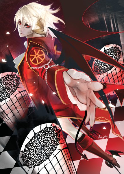 Anime picture 858x1200 with mabinogi incubus (mabinogi) aerysky single tall image fringe short hair hair between eyes red eyes signed full body white hair tail head tilt horn (horns) turning head demon tail outstretched hand checkered floor demon wings