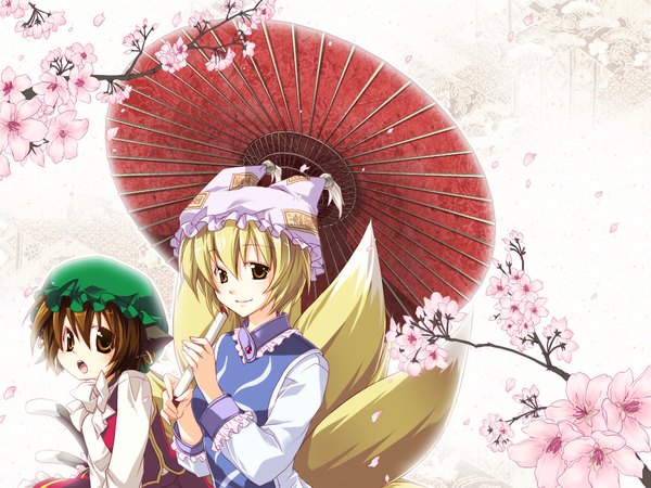 Anime picture 1024x768 with touhou yakumo ran chen onemu (artist) short hair blonde hair brown hair multiple girls brown eyes tail cat tail cherry blossoms fox tail multiple tails girl 2 girls hat earrings petals umbrella